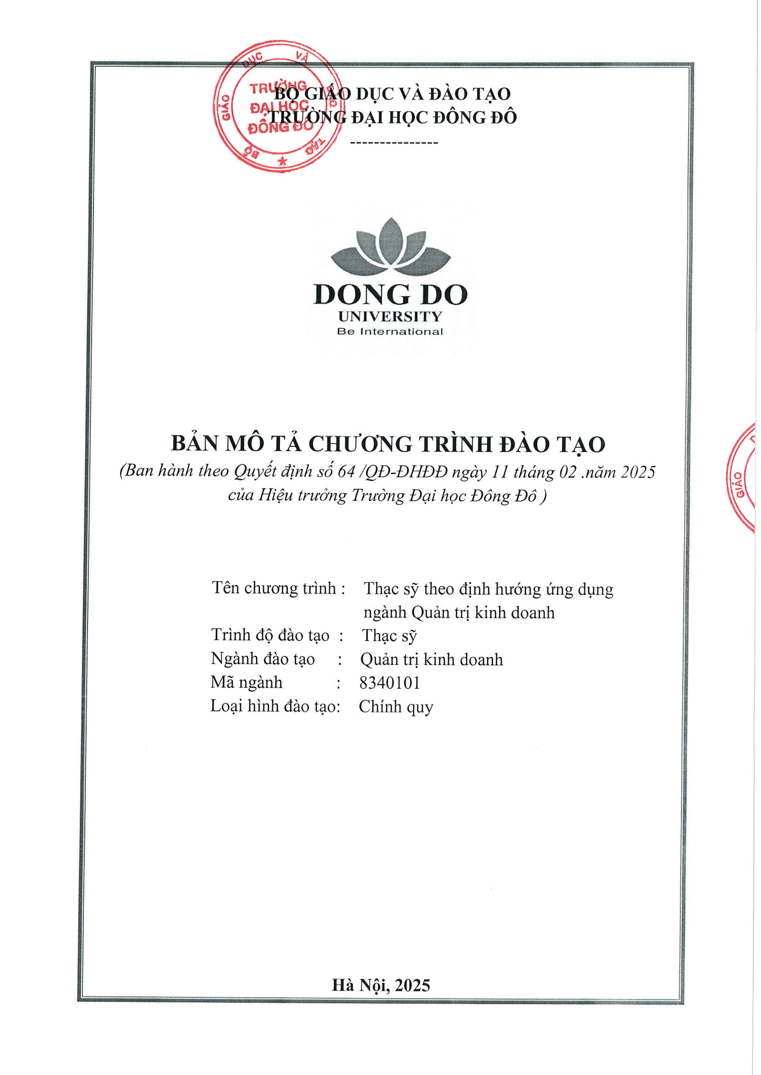 Bản m&ocirc; tả chương tr&igrave;nh đ&agrave;o tạo Thạc sĩ theo định hướng ứng dụng ng&agrave;nh Quản trị kinh doanh